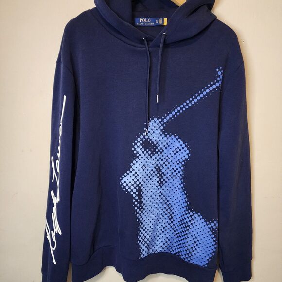 Polo Ralph Lauren Hoodie Sweatshirt Big Pony Dot War Print Mens Size XL Blue - Picture 3 of 7